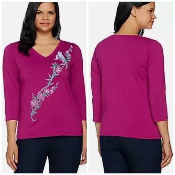 Bob Mackie Embroidered Song Bird V-neck Knit Top - Picture 11 of 11